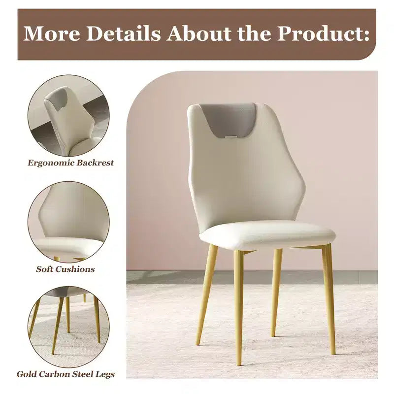 2 chaises de salle à manger avec assise en cuir PU de haute qualité, pieds en acier au carbone plaqué or et dossier ergonomique