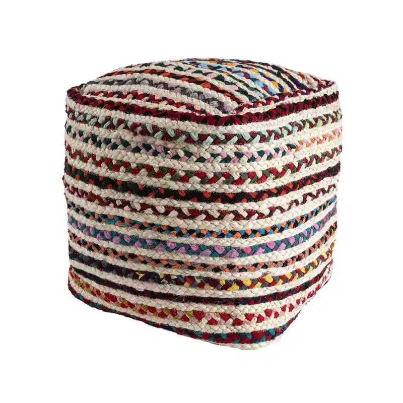 HomeRoots 18 Natural and Rainbow Braided Jute Blend Striped Pouf Ottoman