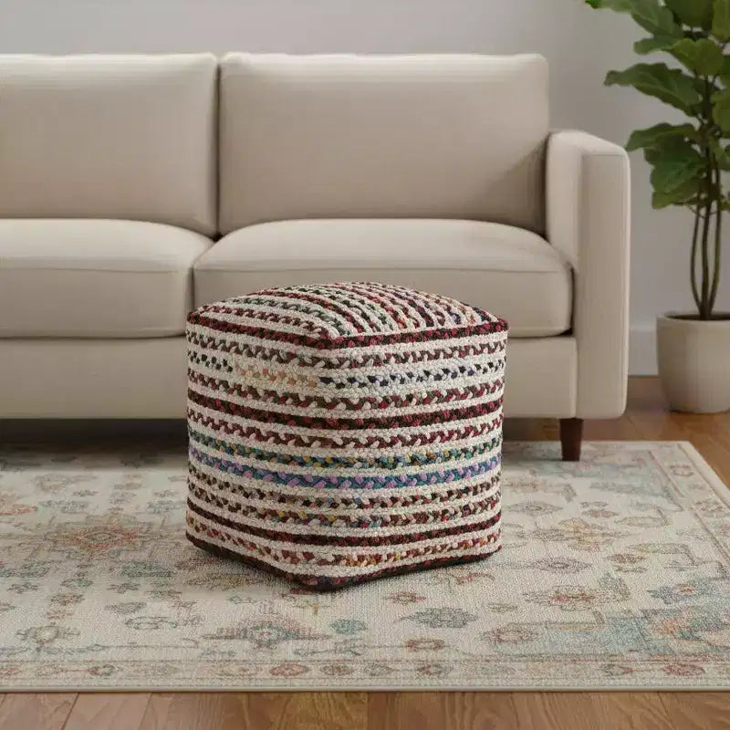 Pouf Ottoman tressé en jute, rayé naturel et arc-en-ciel, 18 po