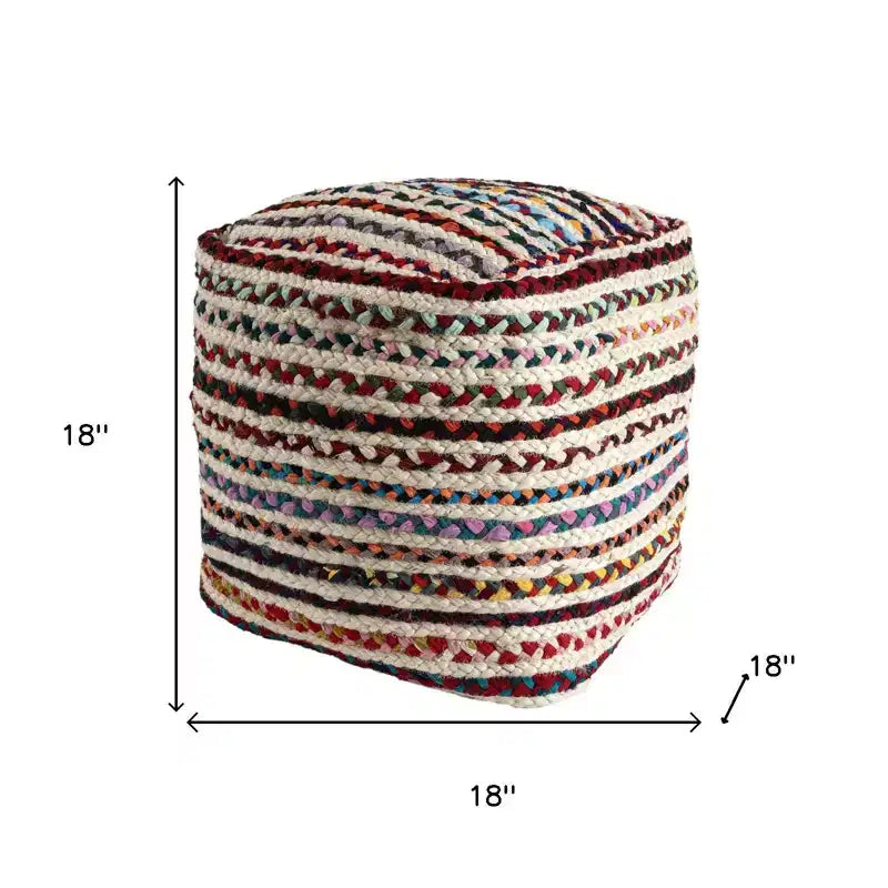 Pouf Ottoman tressé en jute, rayé naturel et arc-en-ciel, 18 po