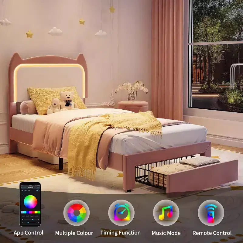 Cadre de lit simple avec lumières LED et rangement sous le lit, en velours, pour chambre d'enfant