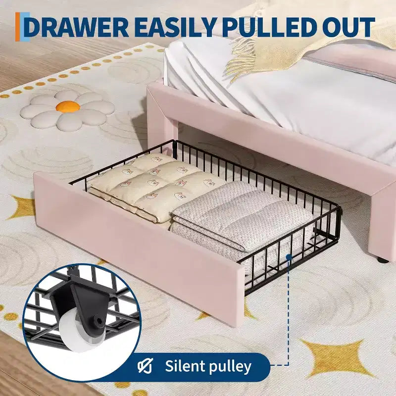 Cadre de lit simple avec lumières LED et rangement sous le lit, en velours, pour chambre d'enfant