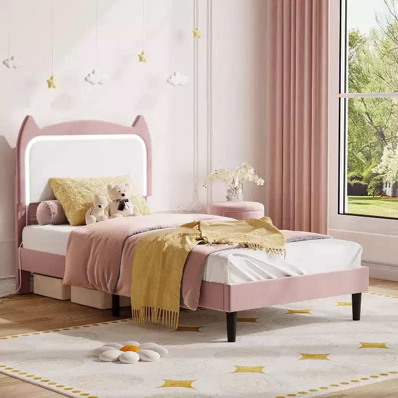 Cadre de lit simple avec lumières LED et rangement sous le lit, en velours, pour chambre d'enfant