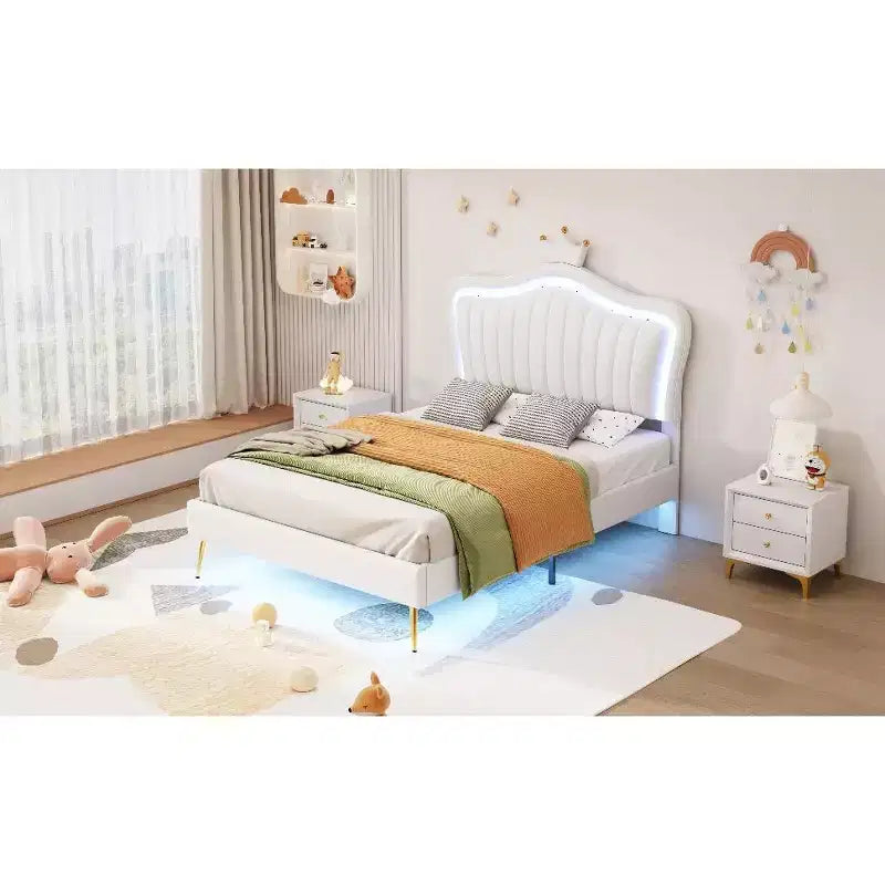 Cadre de lit LED double/jumeau avec tête de lit couronne, lits de princesse rembourrés en PU avec lumière pour enfants filles
