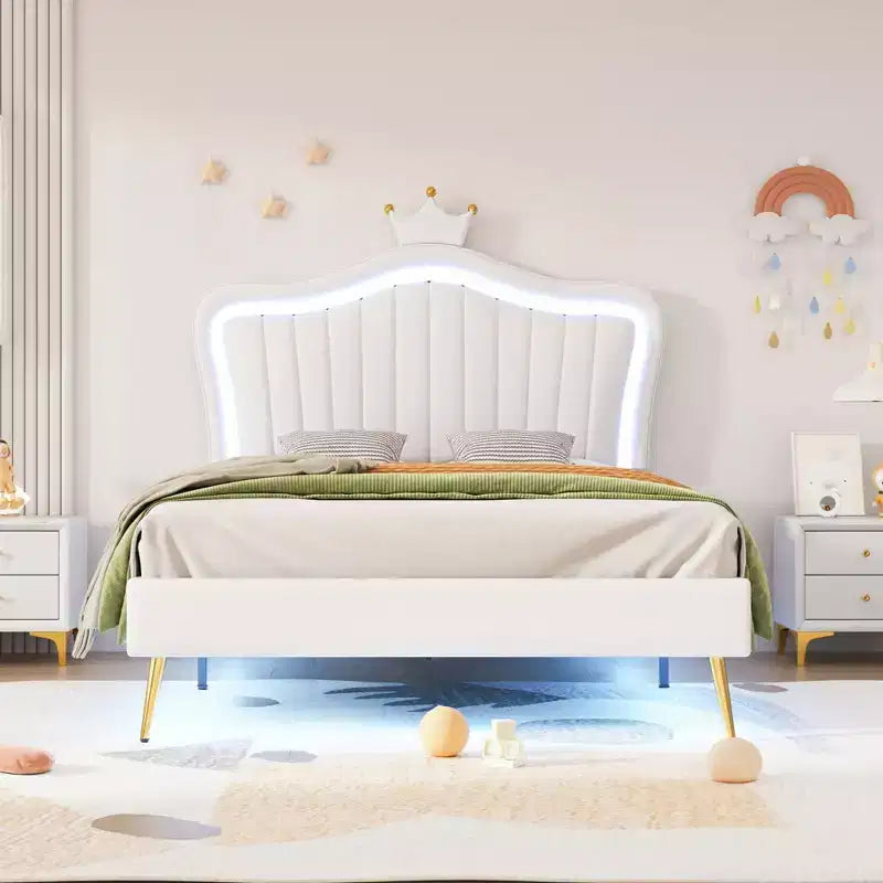 Cadre de lit LED double/jumeau avec tête de lit couronne, lits de princesse rembourrés en PU avec lumière pour enfants filles