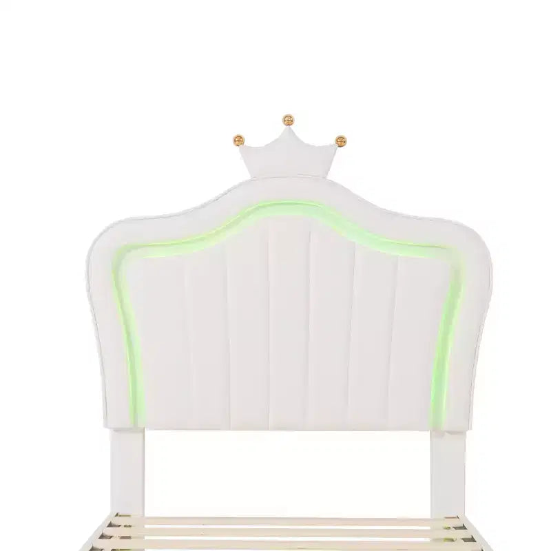 Cadre de lit LED double/jumeau avec tête de lit couronne, lits de princesse rembourrés en PU avec lumière pour enfants filles