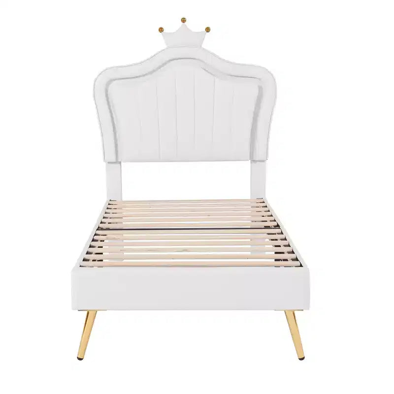 Cadre de lit LED double/jumeau avec tête de lit couronne, lits de princesse rembourrés en PU avec lumière pour enfants filles