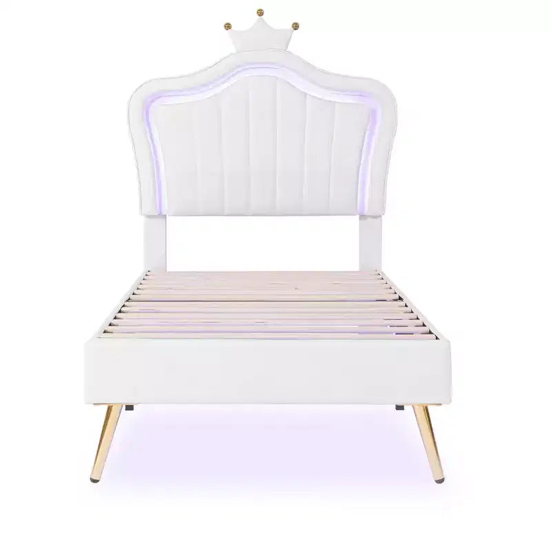 Cadre de lit LED double/jumeau avec tête de lit couronne, lits de princesse rembourrés en PU avec lumière pour enfants filles