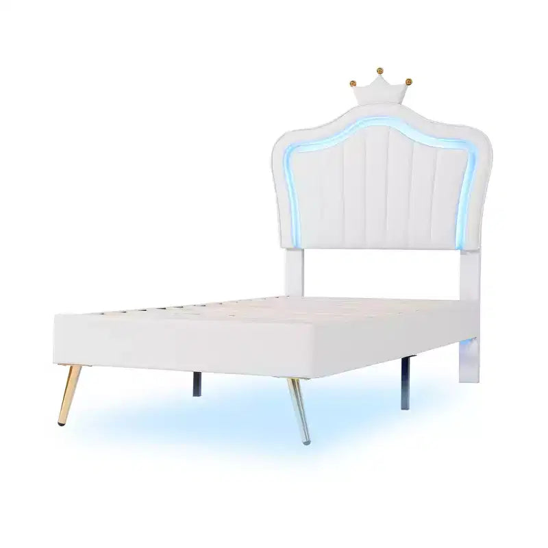 Cadre de lit LED double/jumeau avec tête de lit couronne, lits de princesse rembourrés en PU avec lumière pour enfants filles