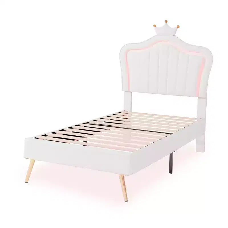 Cadre de lit LED double/jumeau avec tête de lit couronne, lits de princesse rembourrés en PU avec lumière pour enfants filles